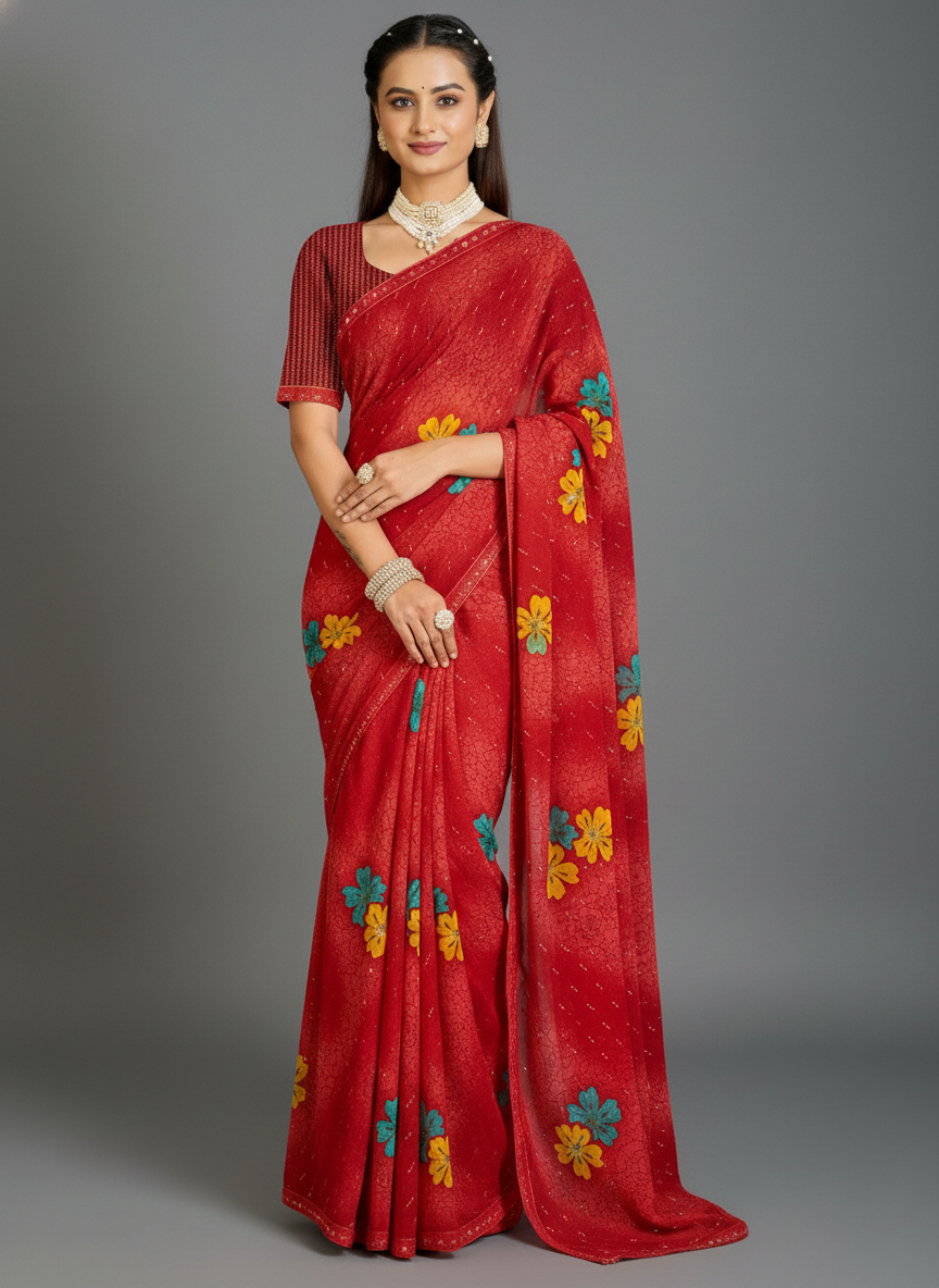 Red Chiffon Printed Saree - RangaRang-1003