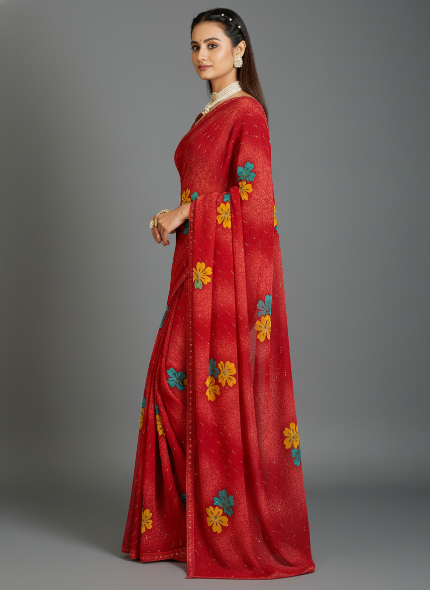 Red Chiffon Printed Saree - RangaRang-1003