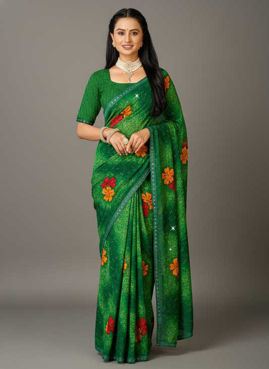 Green Chiffon Printed Saree - RangaRang-1004