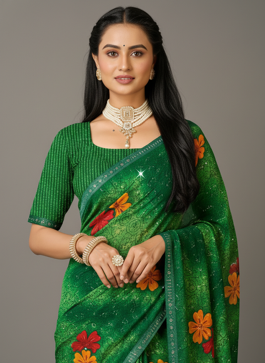 Green Chiffon Printed Saree - RangaRang-1004