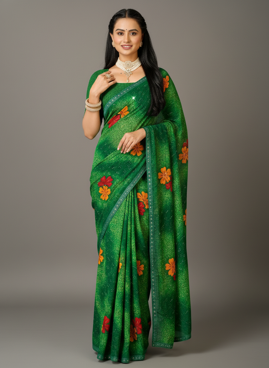 Green Chiffon Printed Saree - RangaRang-1004