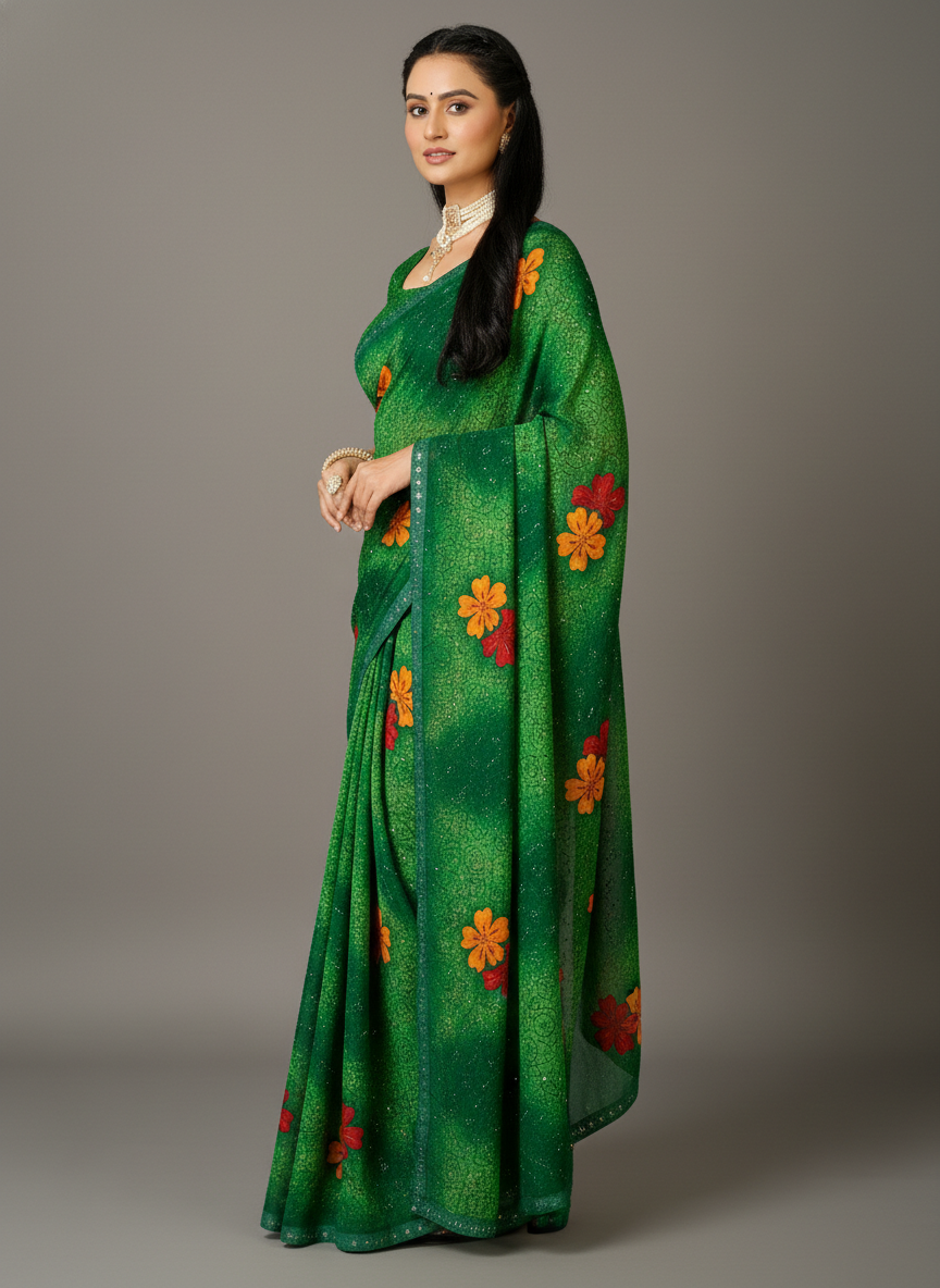 Green Chiffon Printed Saree - RangaRang-1004