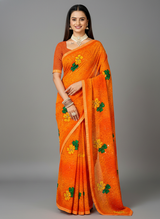 Orange Chiffon Printed Saree - RangaRang-1006