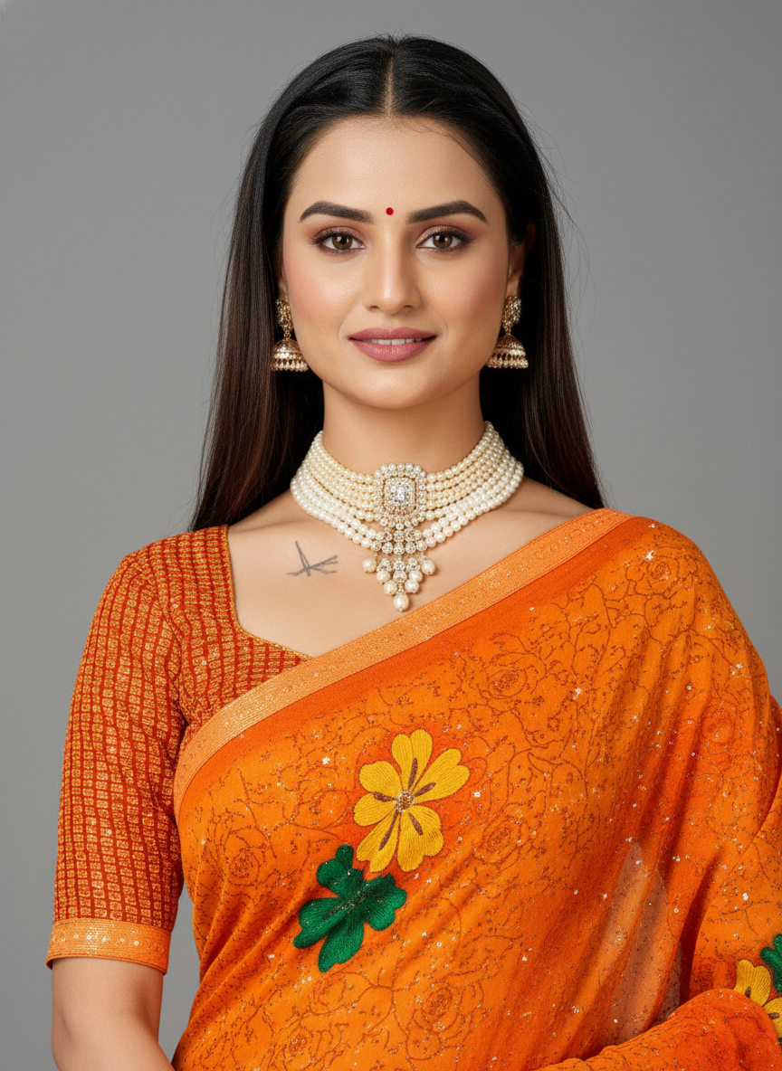Orange Chiffon Printed Saree - RangaRang-1006