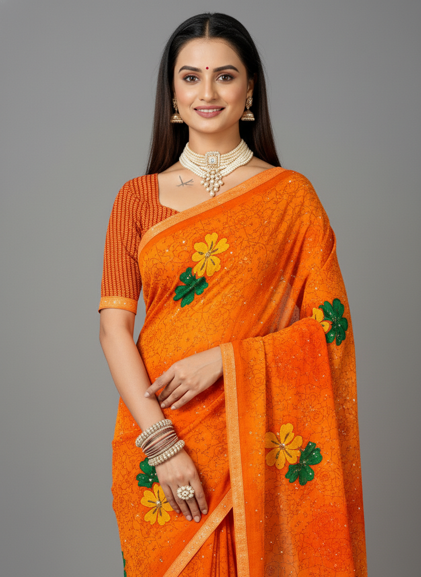 Orange Chiffon Printed Saree - RangaRang-1006