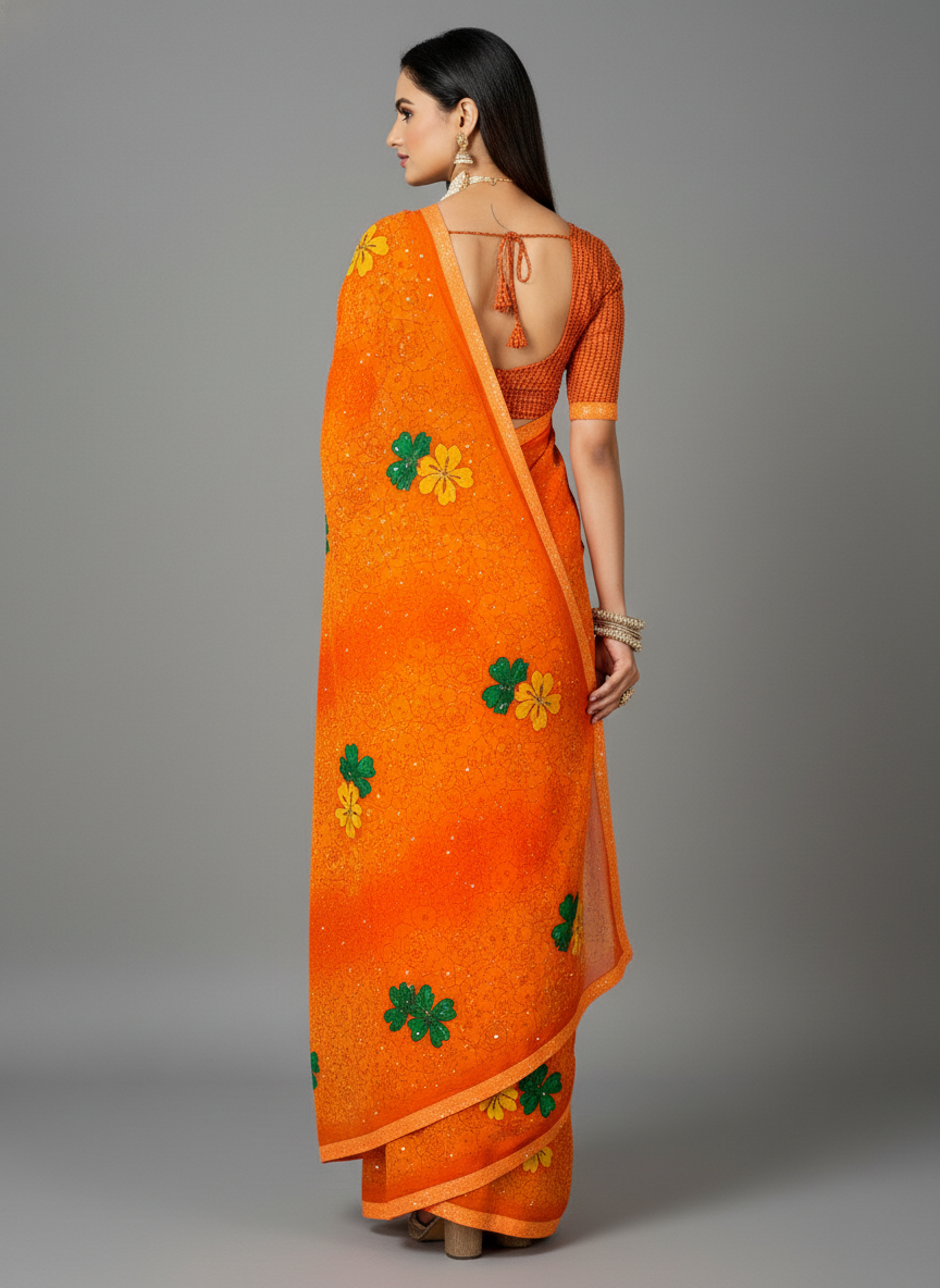 Orange Chiffon Printed Saree - RangaRang-1006