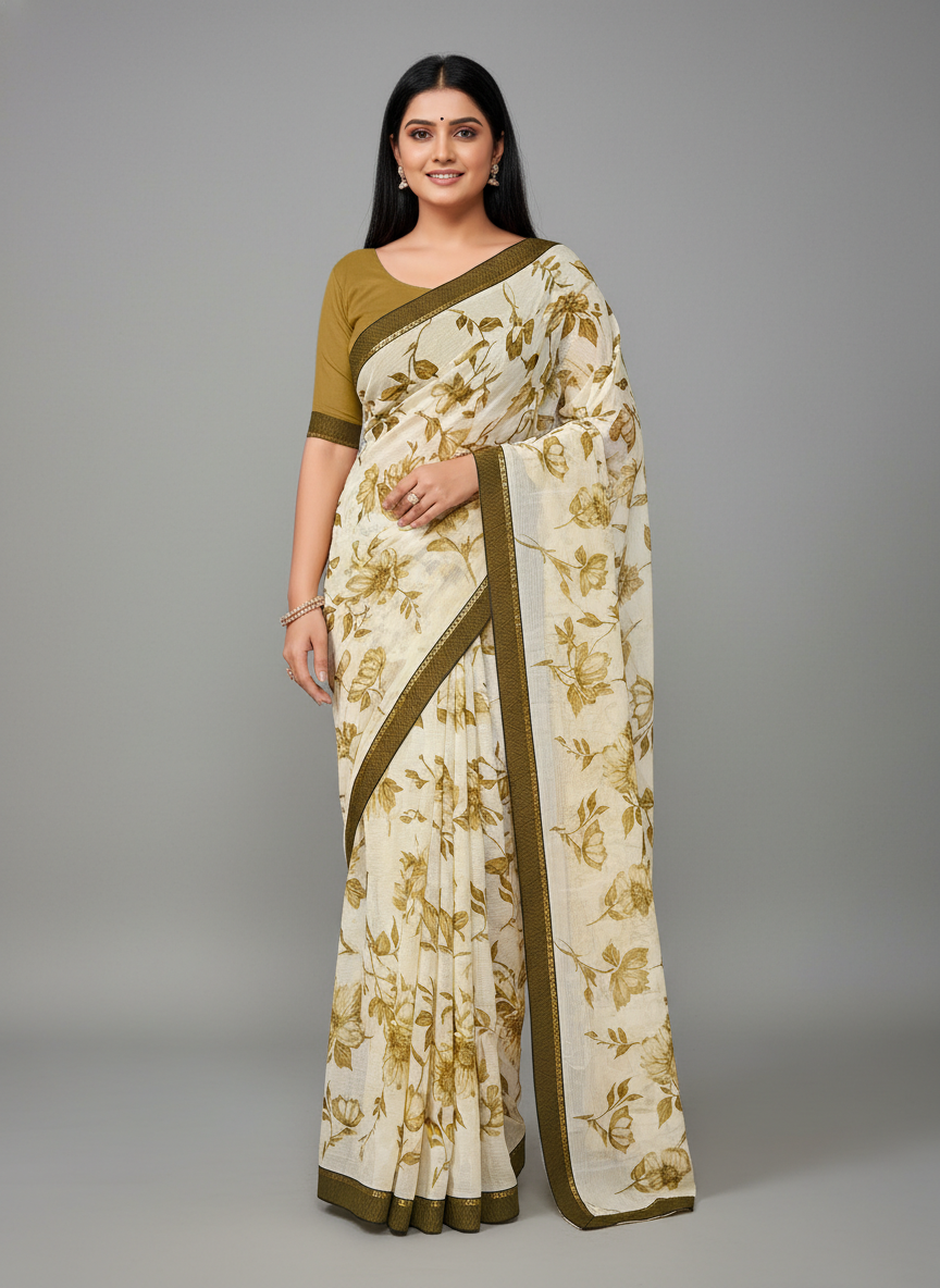 Green Chiffon Printed Saree - SonaSona-1006