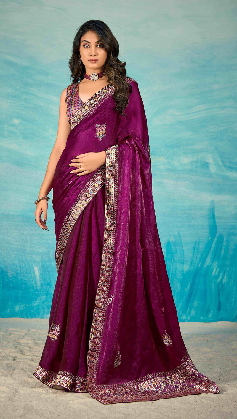 VIYONA FASHION Purple Chiffon Saree with Jarkan Work Border and Blouse, Traditional Indian Ethnic Wear - PL-VY-10