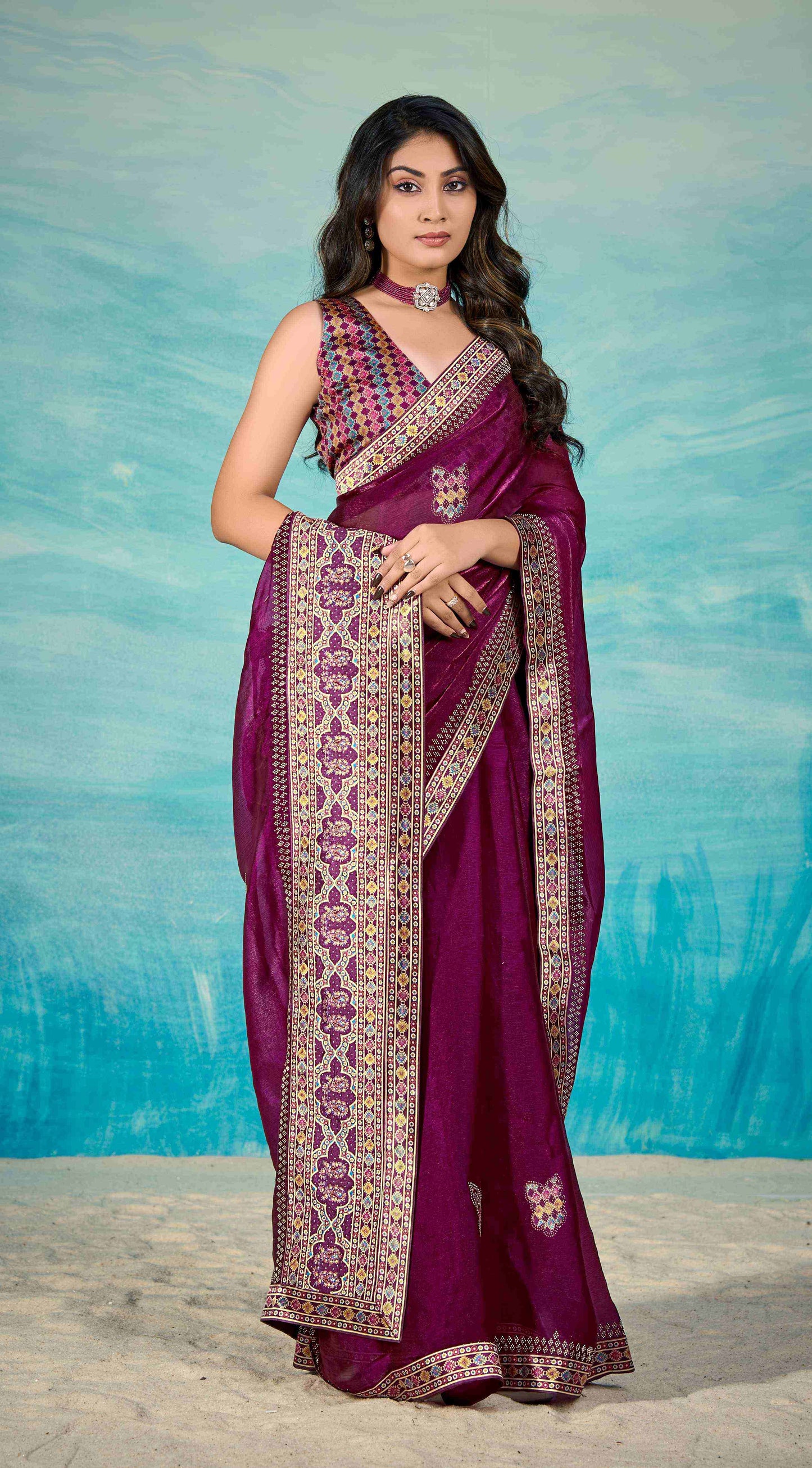VIYONA FASHION Purple Chiffon Saree with Jarkan Work Border and Blouse, Traditional Indian Ethnic Wear - PL-VY-10