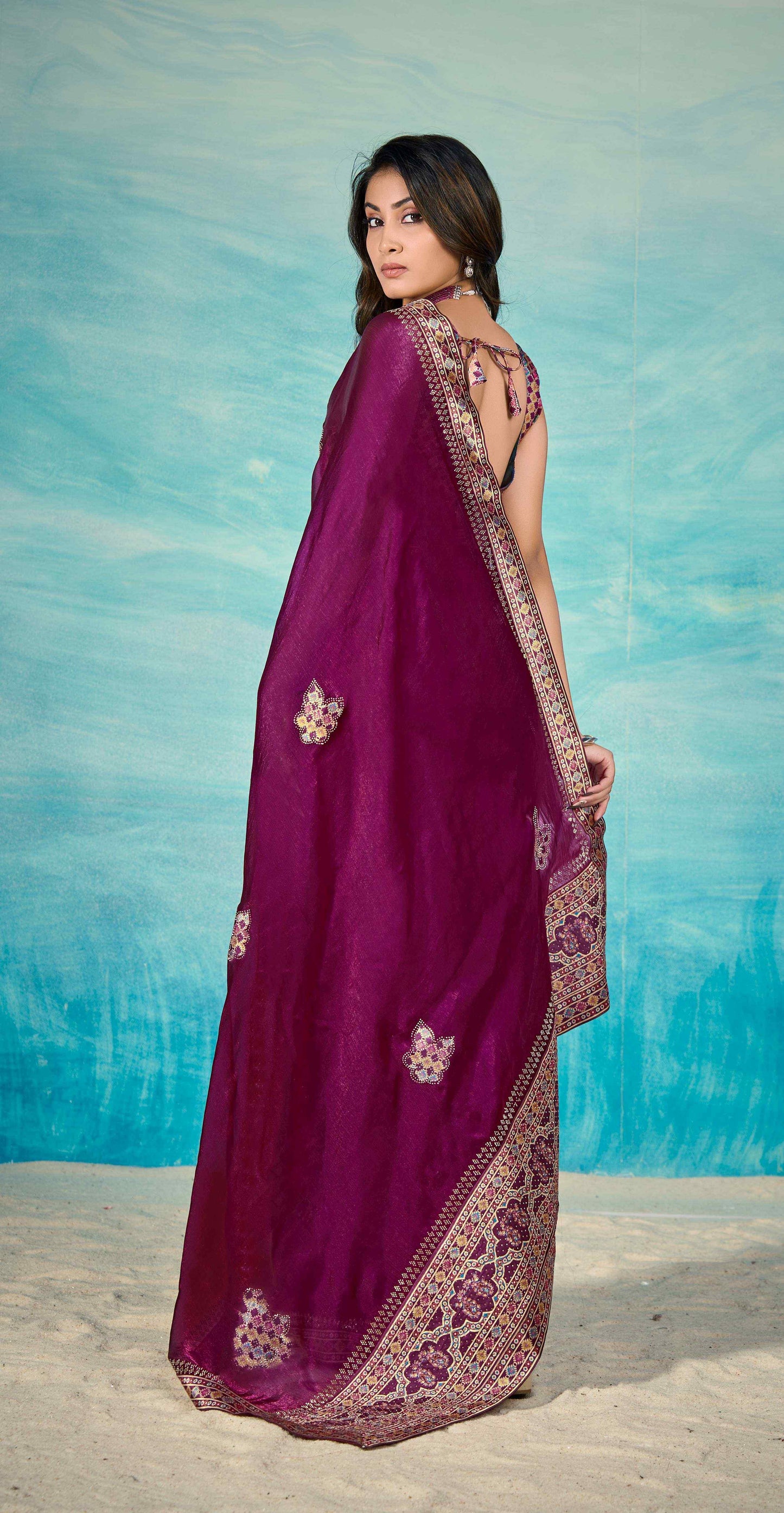 VIYONA FASHION Purple Chiffon Saree with Jarkan Work Border and Blouse, Traditional Indian Ethnic Wear - PL-VY-10