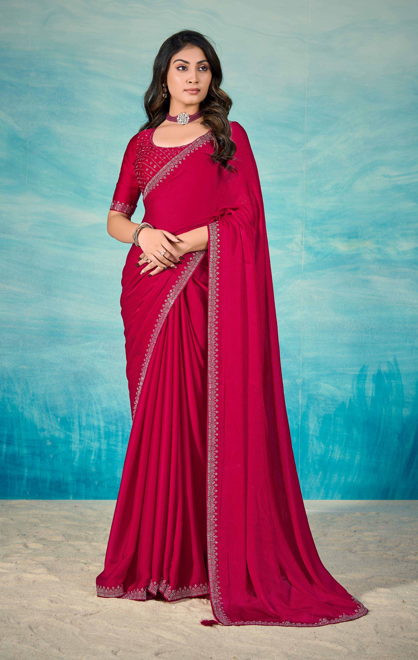 VIYONA FASHION Magenta Satin Chiffon Saree with Jarkan Work, Embellished Border and Blouse - PL-VY-11