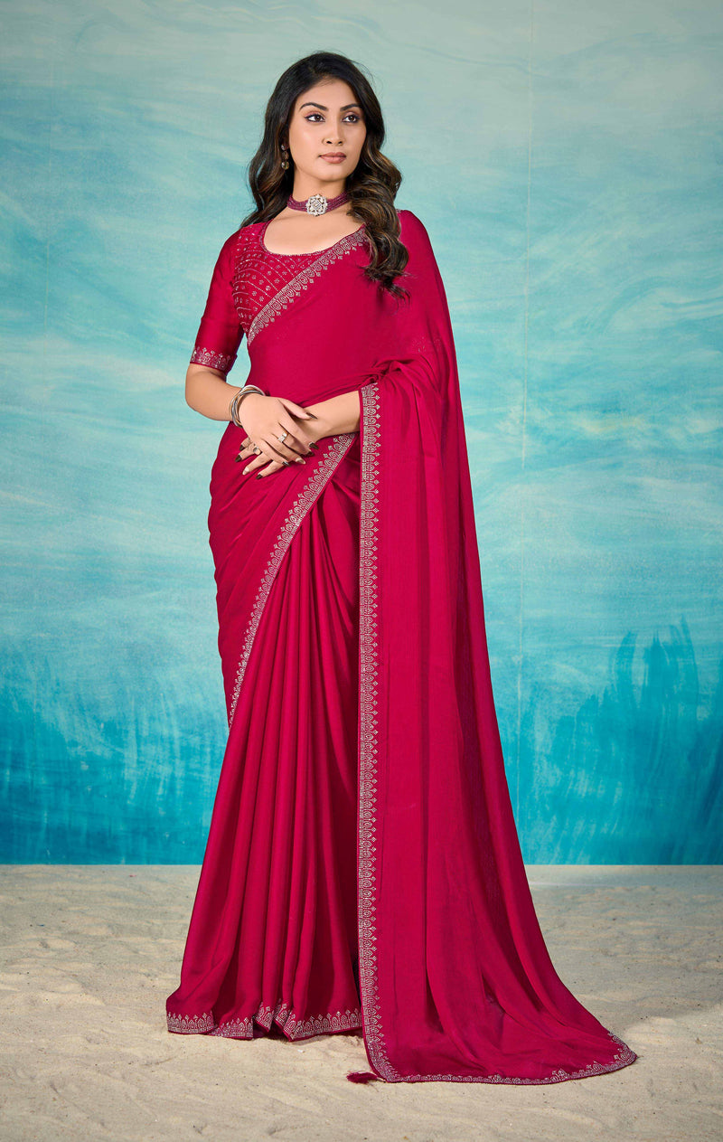 VIYONA FASHION Magenta Satin Chiffon Saree with Jarkan Work, Embellished Border and Blouse - PL-VY-11