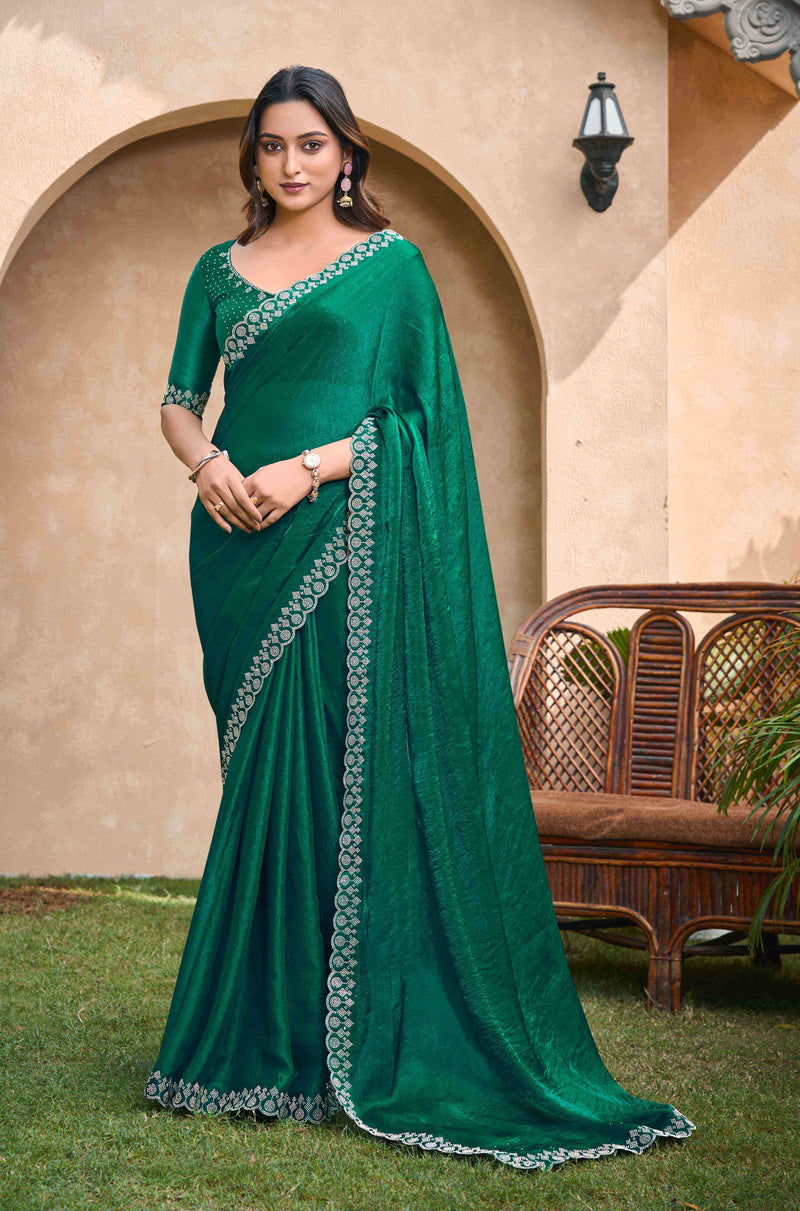 VIYONA FASHION Green Chiffon Saree with Jarkan Work Border and Blouse - PL-VY-12