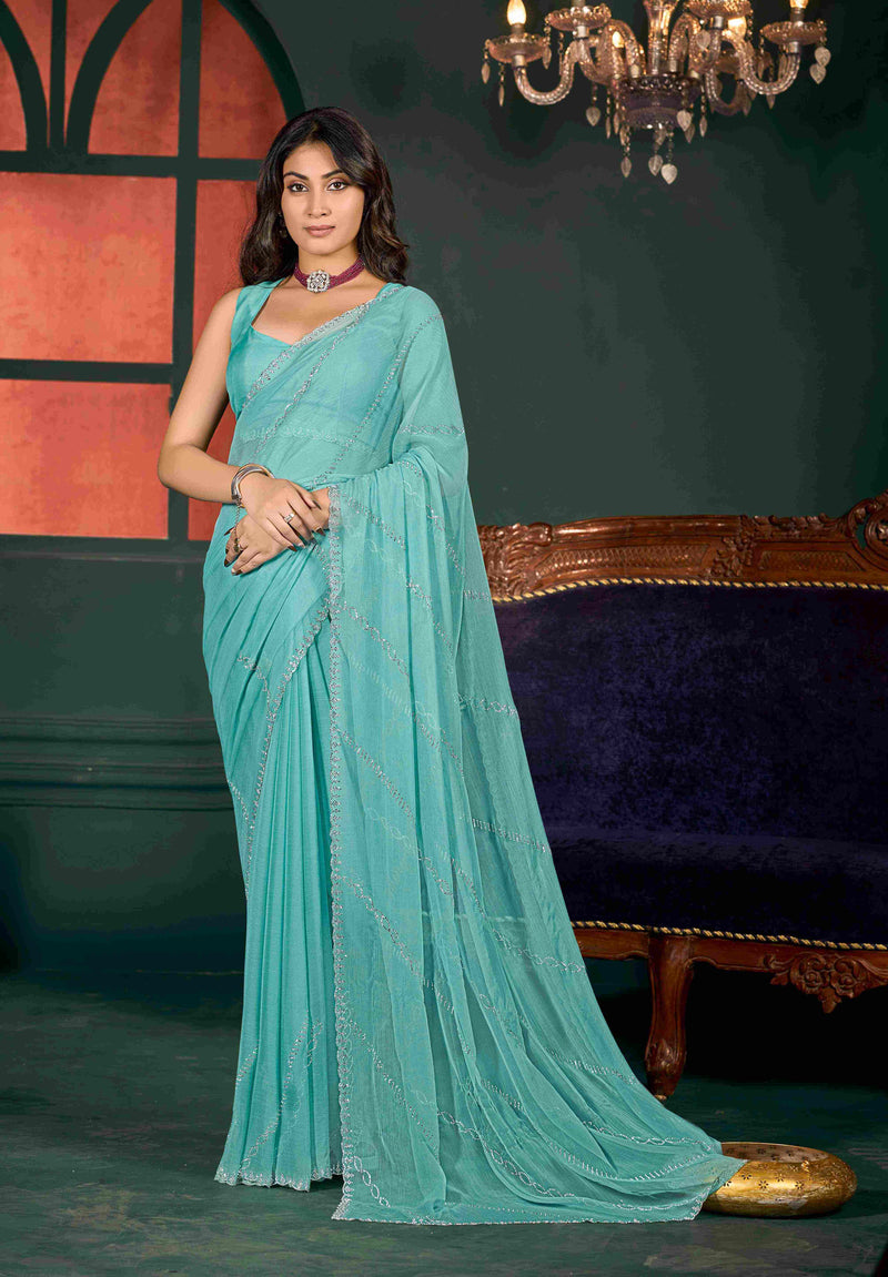 VIYONA FASHION Turquoise Chiffon Saree with Jarkan Work, Traditional Indian Ethnic Wear - PL-VY-13