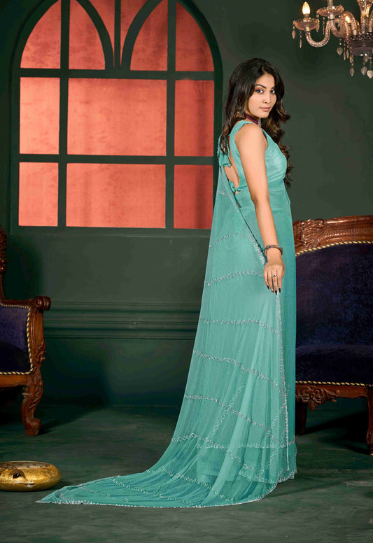 VIYONA FASHION Turquoise Chiffon Saree with Jarkan Work, Traditional Indian Ethnic Wear - PL-VY-13