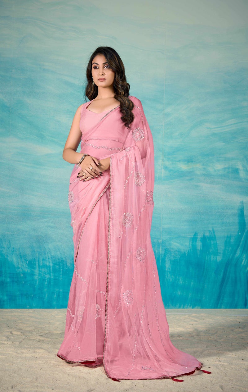 VIYONA FASHION Pink Chiffon Saree with Jarkan Work, Elegant Sari - PL-VY-14