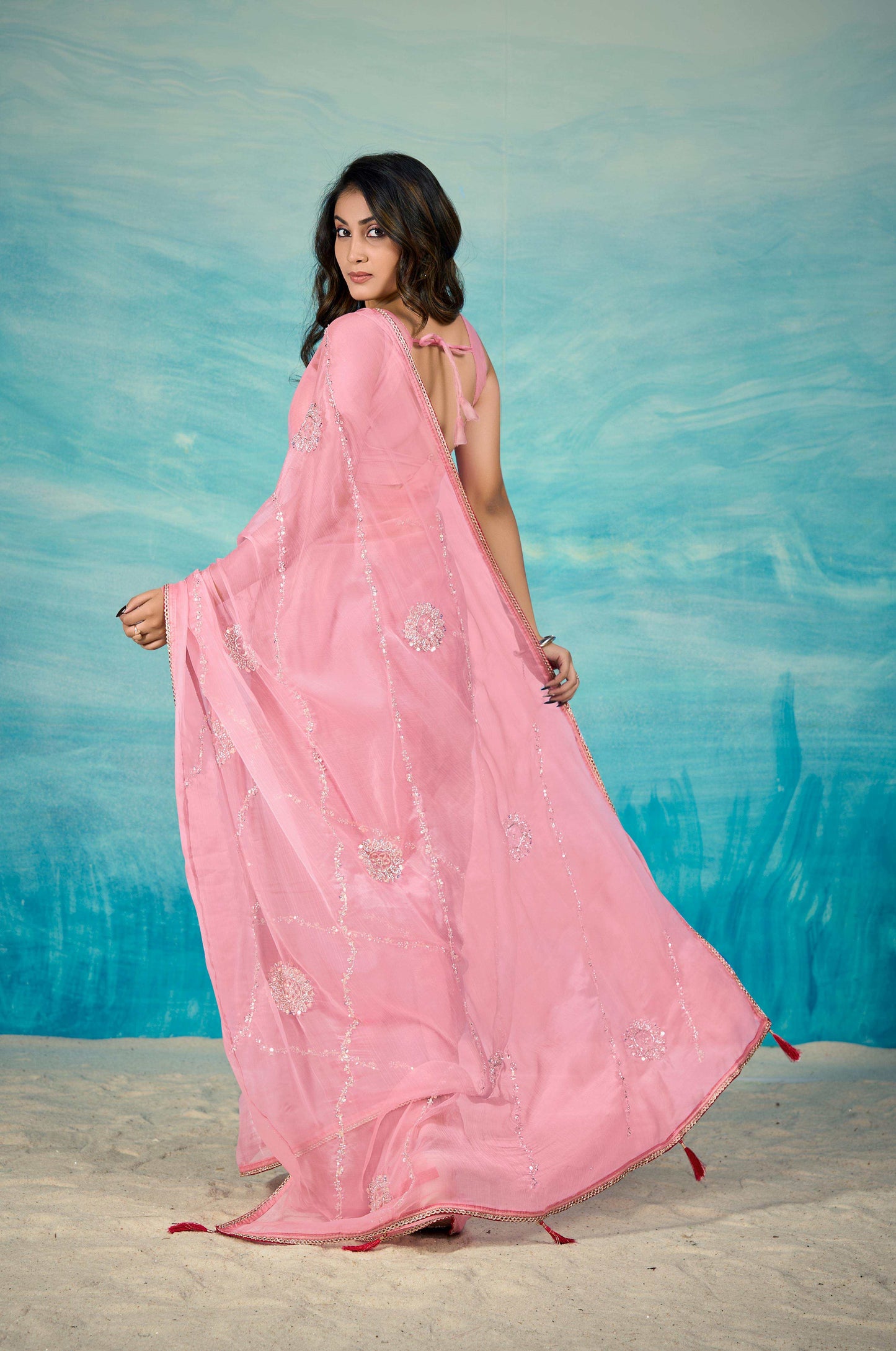 VIYONA FASHION Pink Chiffon Saree with Jarkan Work, Elegant Sari - PL-VY-14