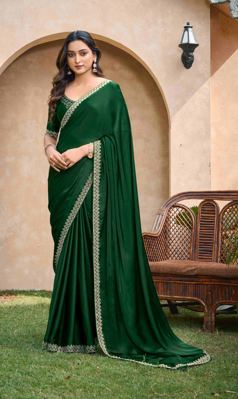 VIYONA FASHION Green Satin Chiffon Saree with Golden Jarkan Border Work, Elegant Traditional Indian Ethnic Wear - PL-VY-15