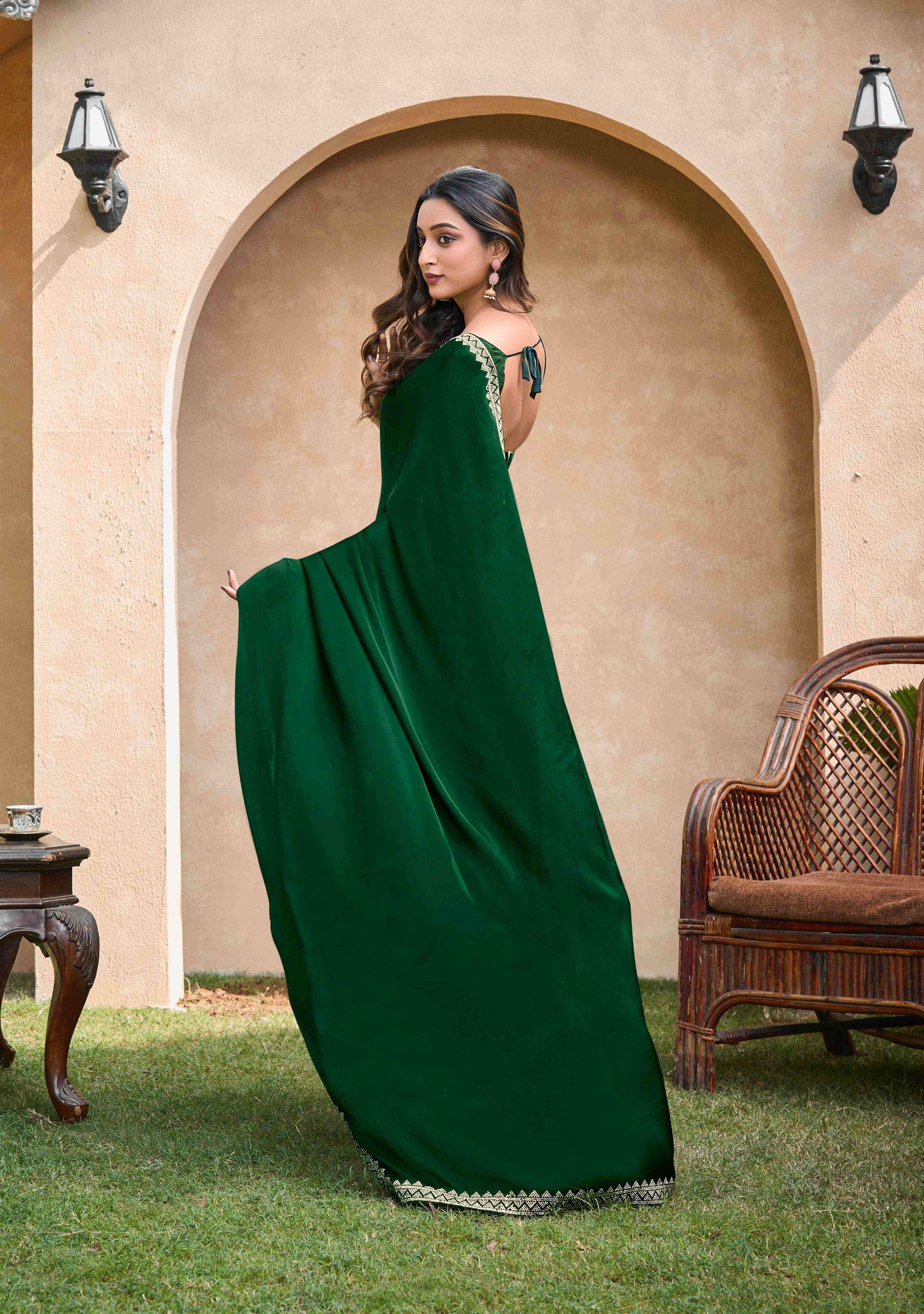 VIYONA FASHION Green Satin Chiffon Saree with Golden Jarkan Border Work, Elegant Traditional Indian Ethnic Wear - PL-VY-15