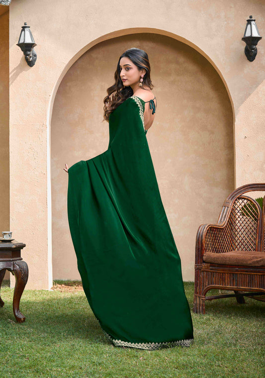 VIYONA FASHION Green Satin Chiffon Saree with Golden Jarkan Border Work, Elegant Traditional Indian Ethnic Wear - PL-VY-15