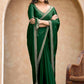 VIYONA FASHION Green Satin Chiffon Saree with Golden Jarkan Border Work, Elegant Traditional Indian Ethnic Wear - PL-VY-15