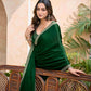 VIYONA FASHION Green Satin Chiffon Saree with Golden Jarkan Border Work, Elegant Traditional Indian Ethnic Wear - PL-VY-15