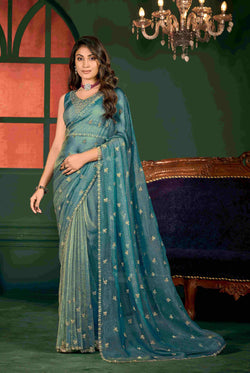 VIYONA FASHION Teal Green Satin Chiffon Saree with Gold Jarkan Work, Traditional Indian Ethnic Wear - PL-VY-16