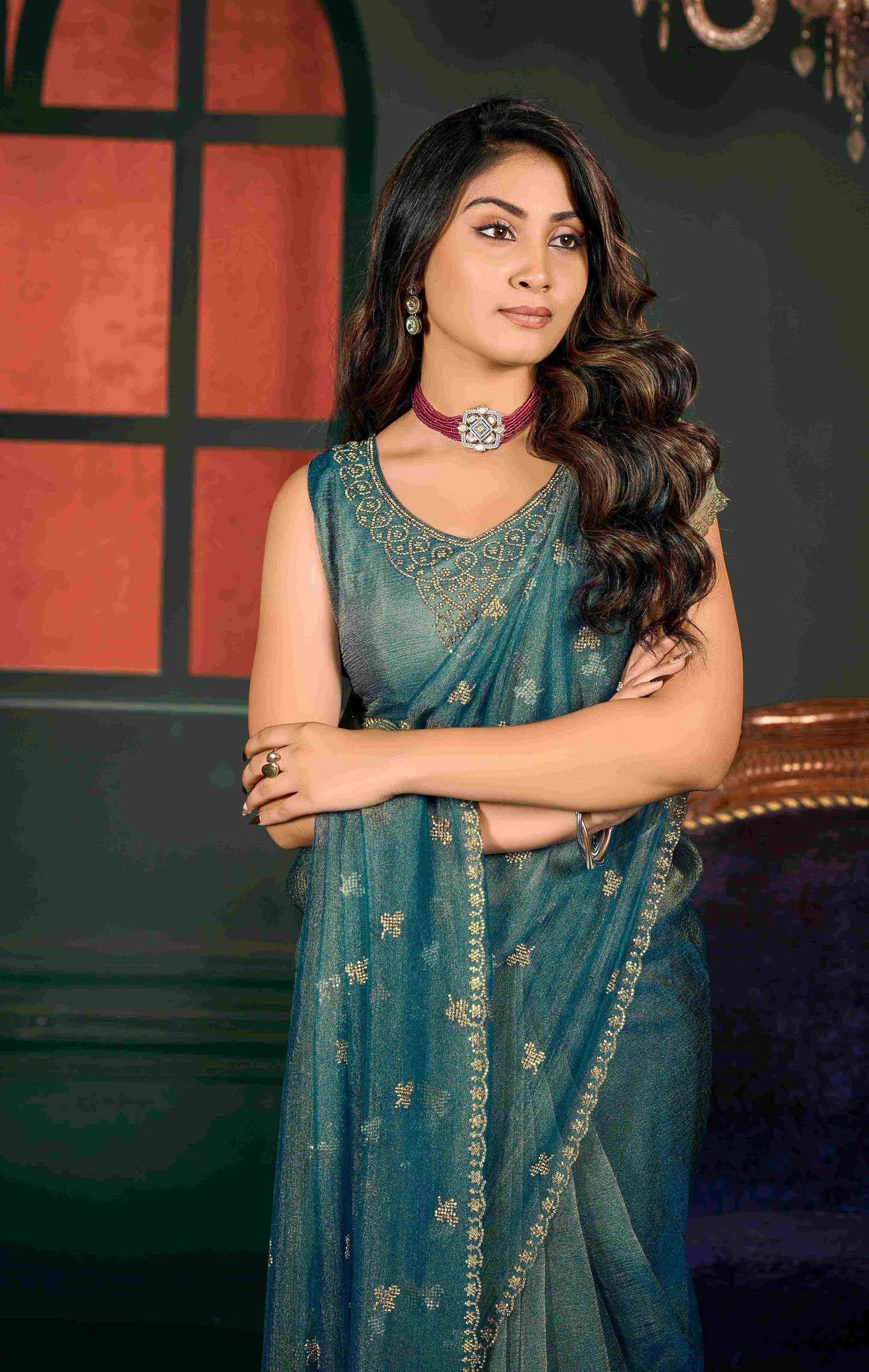 VIYONA FASHION Teal Green Satin Chiffon Saree with Gold Jarkan Work, Traditional Indian Ethnic Wear - PL-VY-16