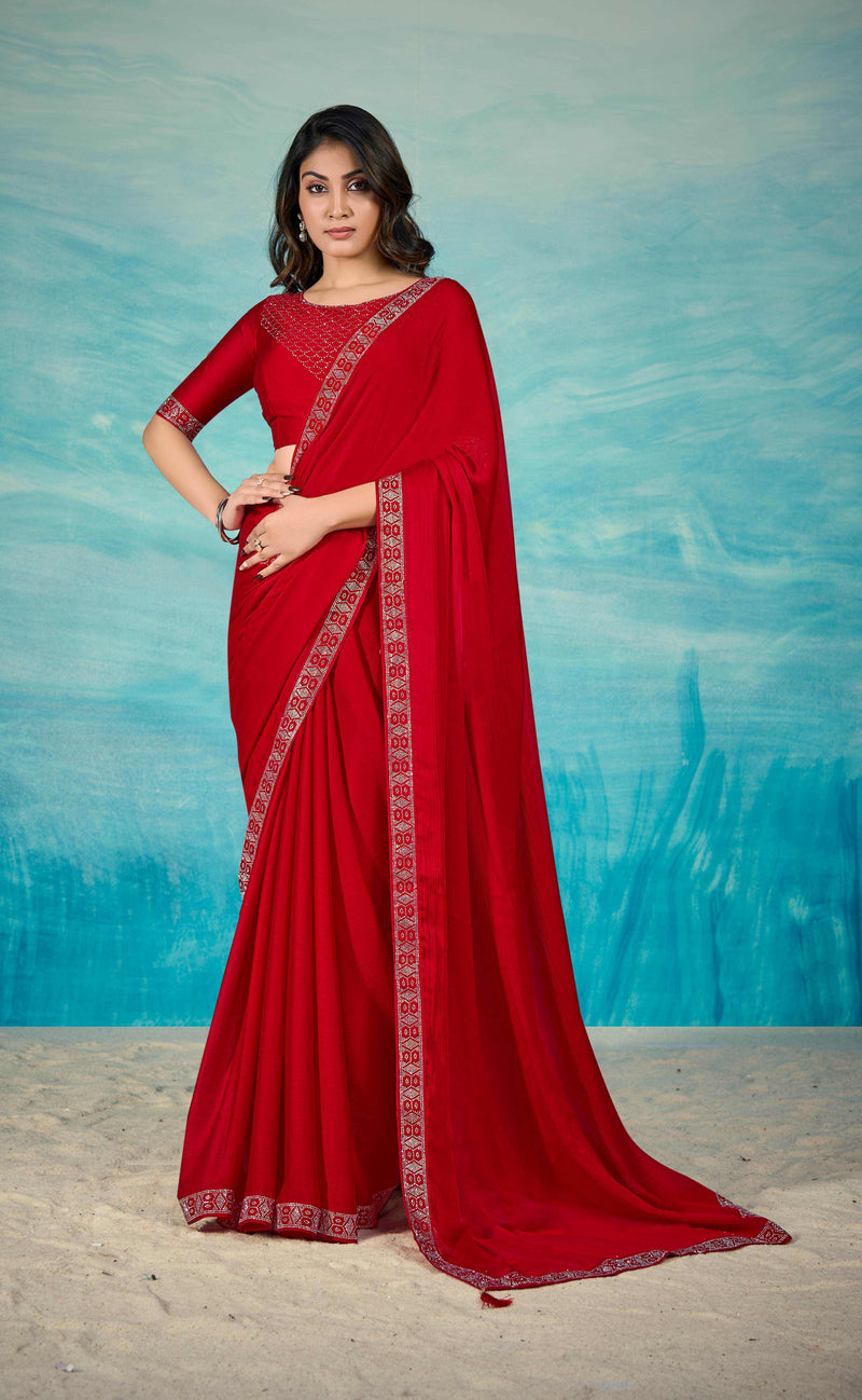 VIYONA FASHION Red Satin Chiffon Saree with Jarkan Work, Embellished Border, Traditional Indian Ethnic Wear - PL-VY-17