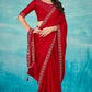 VIYONA FASHION Red Satin Chiffon Saree with Jarkan Work, Embellished Border, Traditional Indian Ethnic Wear - PL-VY-17