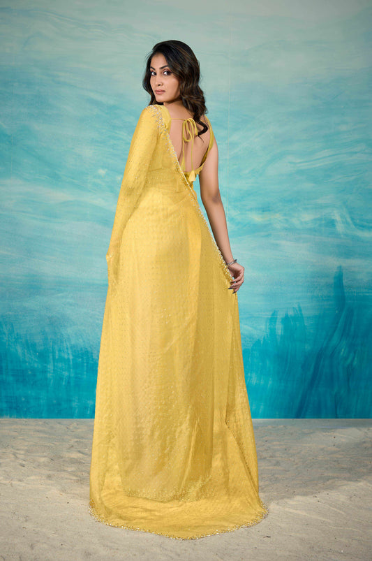 VIYONA FASHION Yellow Chiffon Saree with Jarkan Work, Traditional Indian Ethnic Wear - PL-VY-18