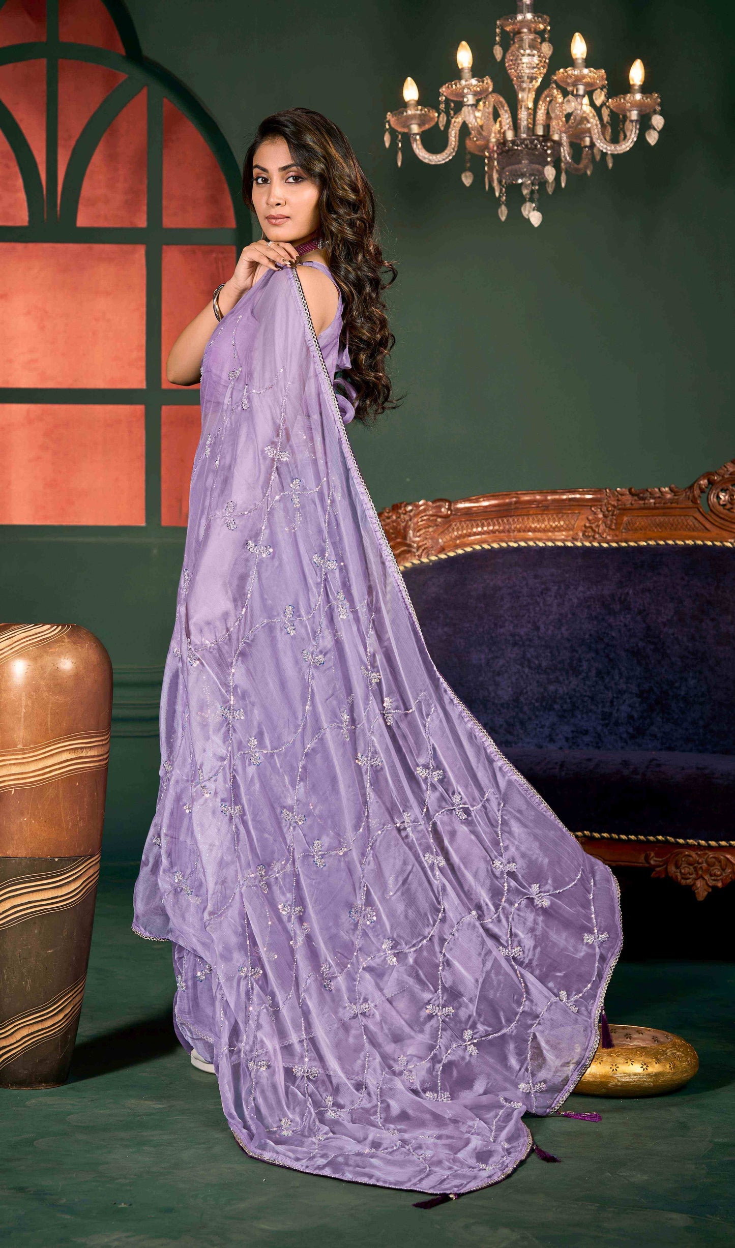 VIYONA FASHION Lavender Embellished Chiffon Saree with Jarkan Work, Elegant Sari - PL-VY-19