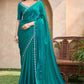 VIYONA FASHION Teal Satin Saree with Jarkan Work Border, Embellished Lace Trim, Elegant Blouse Piece - PL-VY-20