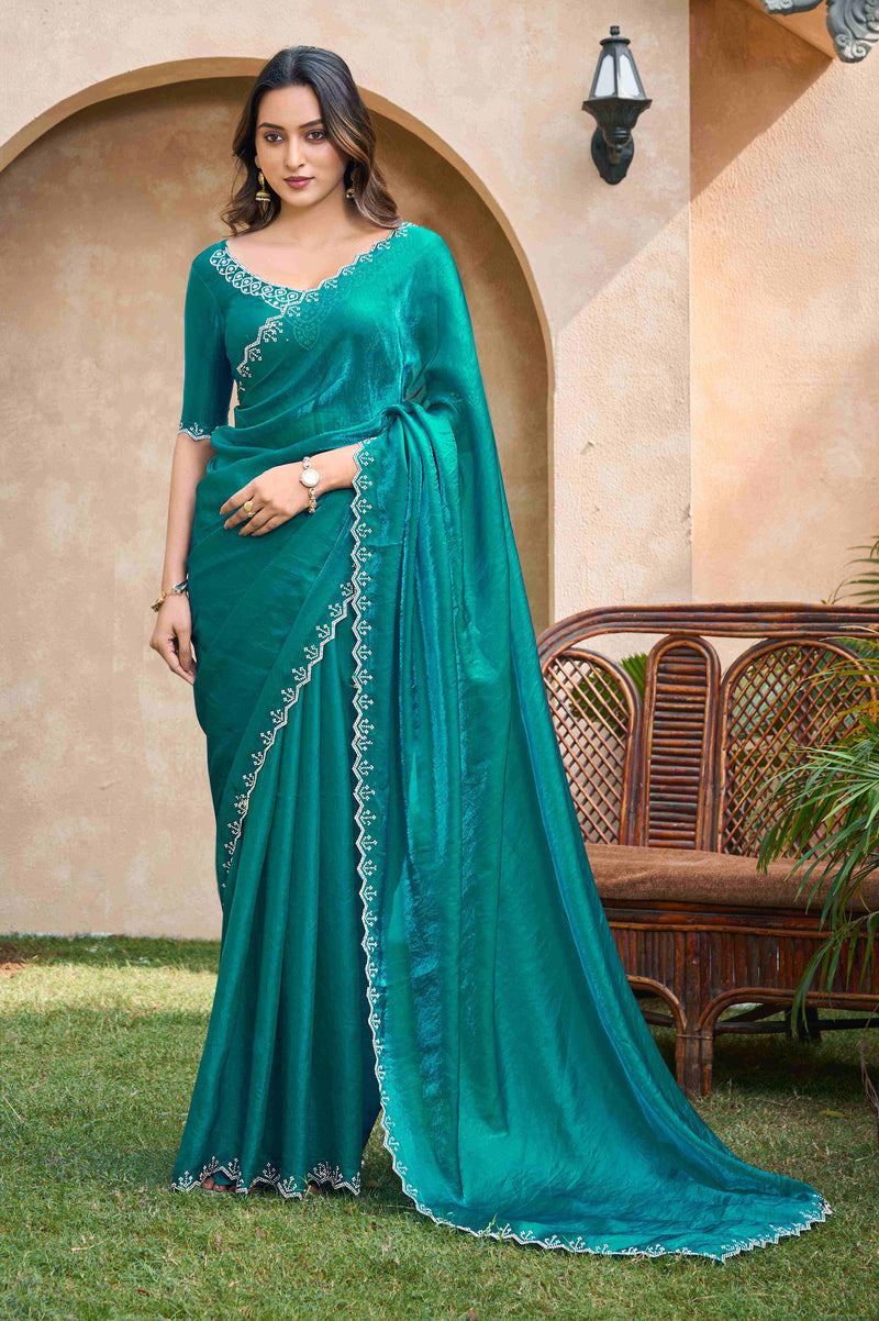 VIYONA FASHION Teal Satin Saree with Jarkan Work Border, Embellished Lace Trim, Elegant Blouse Piece - PL-VY-20
