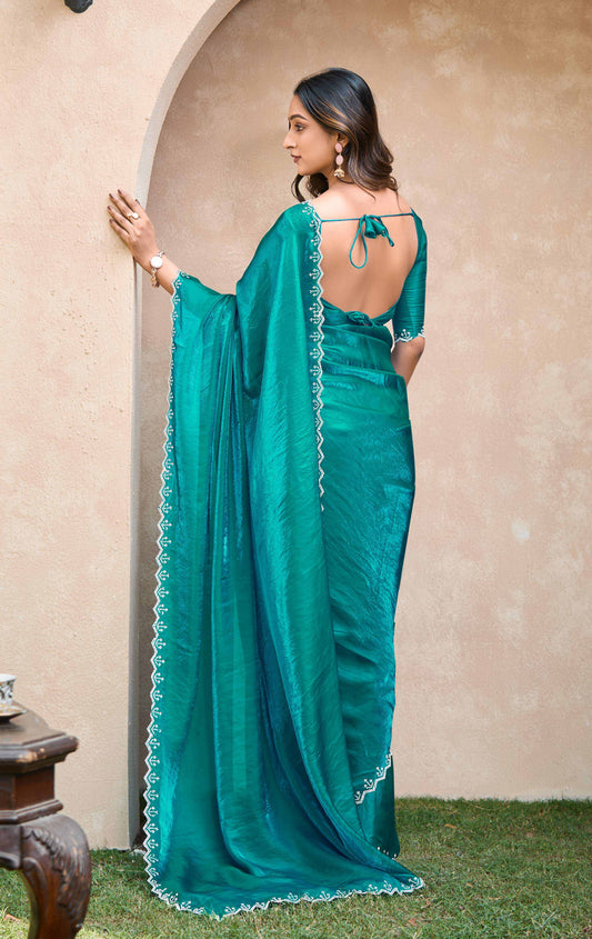 VIYONA FASHION Teal Satin Saree with Jarkan Work Border, Embellished Lace Trim, Elegant Blouse Piece - PL-VY-20