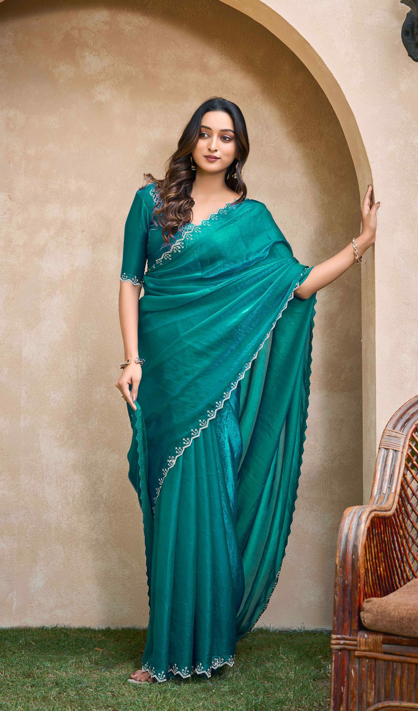 VIYONA FASHION Teal Satin Saree with Jarkan Work Border, Embellished Lace Trim, Elegant Blouse Piece - PL-VY-20