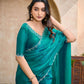 VIYONA FASHION Teal Satin Saree with Jarkan Work Border, Embellished Lace Trim, Elegant Blouse Piece - PL-VY-20
