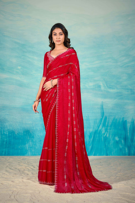 VIYONA FASHION Red Chiffon Saree with Jarkan Work, Traditional Indian Ethnic Wear, Free Size, Unstitched Blouse Piece - PL-VY-21