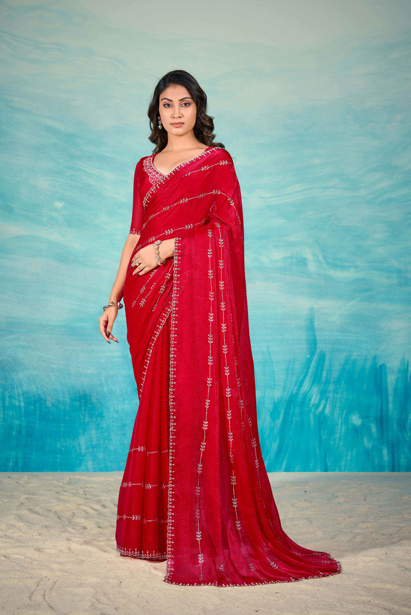 VIYONA FASHION Red Chiffon Saree with Jarkan Work, Traditional Indian Ethnic Wear, Free Size, Unstitched Blouse Piece - PL-VY-21