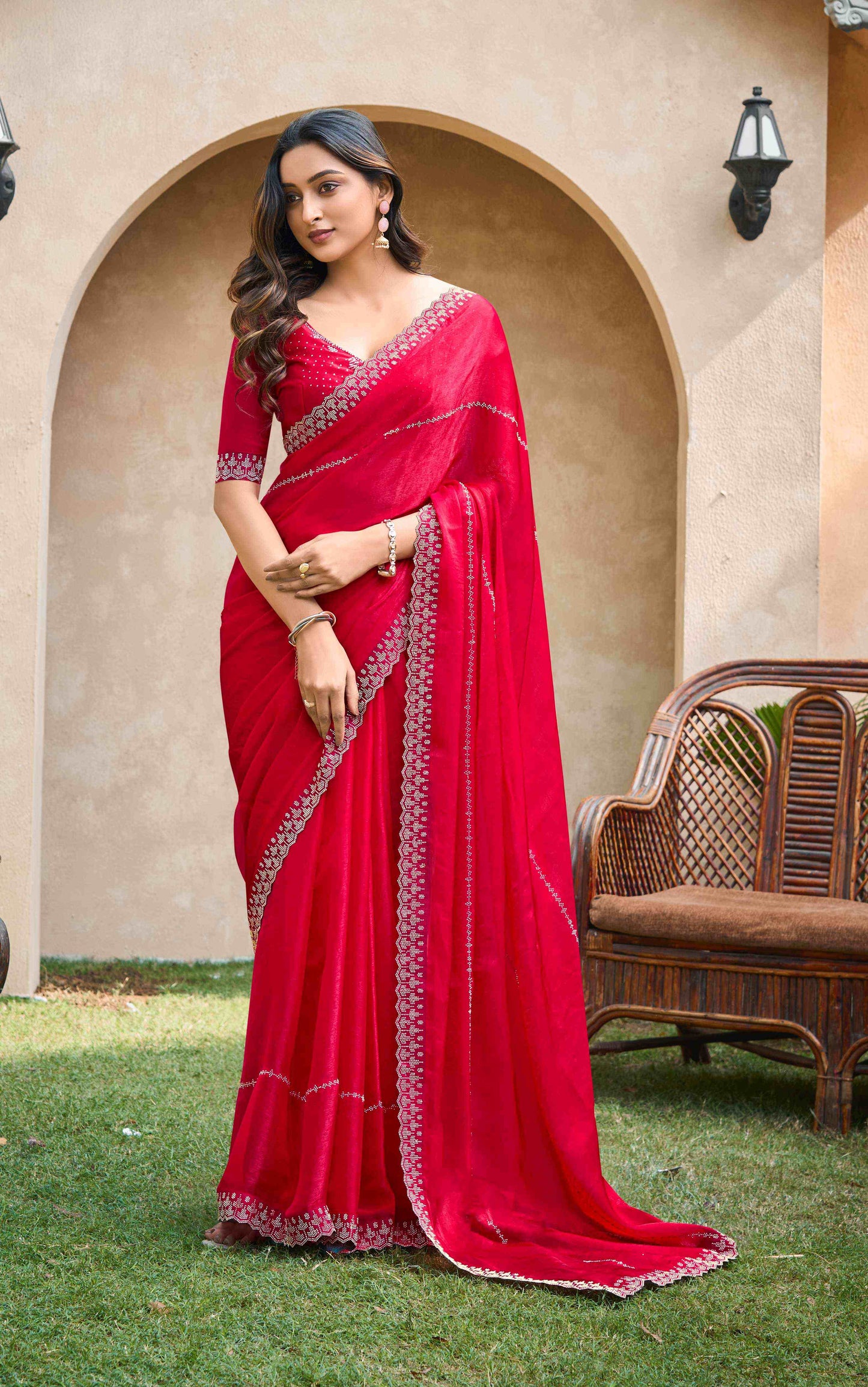 VIYONA FASHION Red Chiffon Saree with Jarkan Work, Border Lace Detail, Traditional Indian Ethnic Wear - PL-VY-23