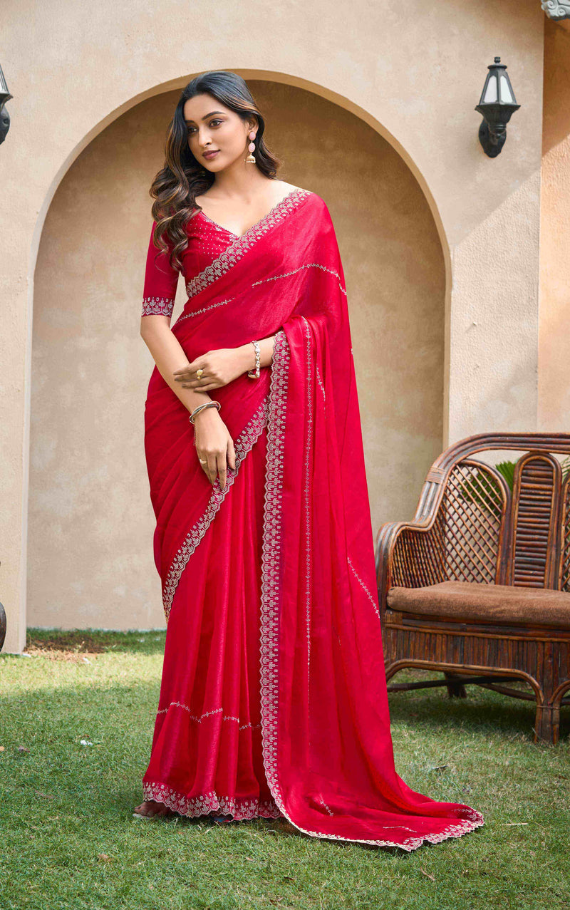 VIYONA FASHION Red Chiffon Saree with Jarkan Work, Border Lace Detail, Traditional Indian Ethnic Wear - PL-VY-23