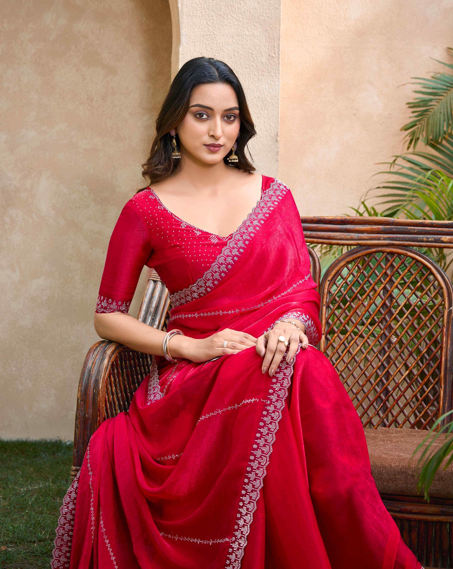 VIYONA FASHION Red Chiffon Saree with Jarkan Work, Border Lace Detail, Traditional Indian Ethnic Wear - PL-VY-23