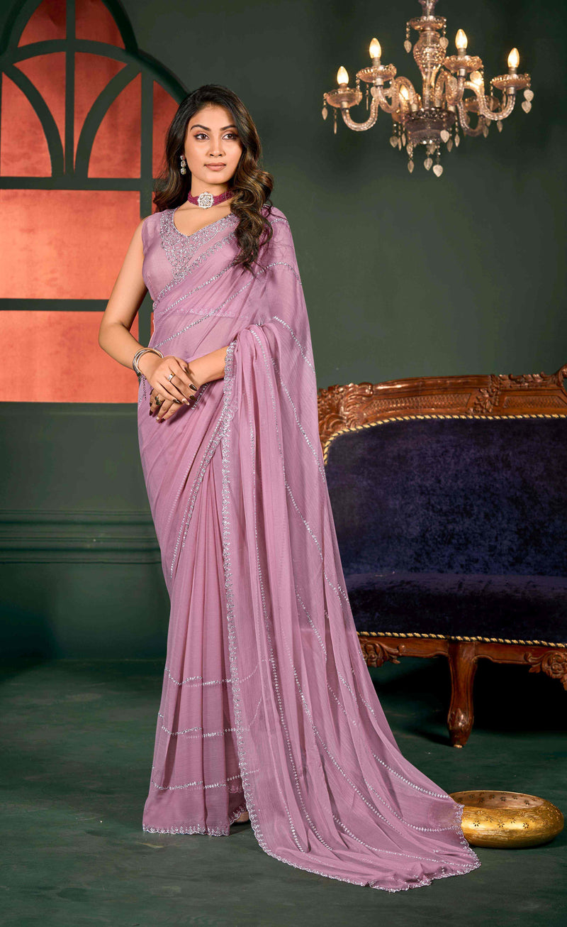 VIYONA FASHION Chiffon Saree with Jarkan Work, Purple, Embellished Border, Traditional Indian Ethnic Wear - PL-VY-24