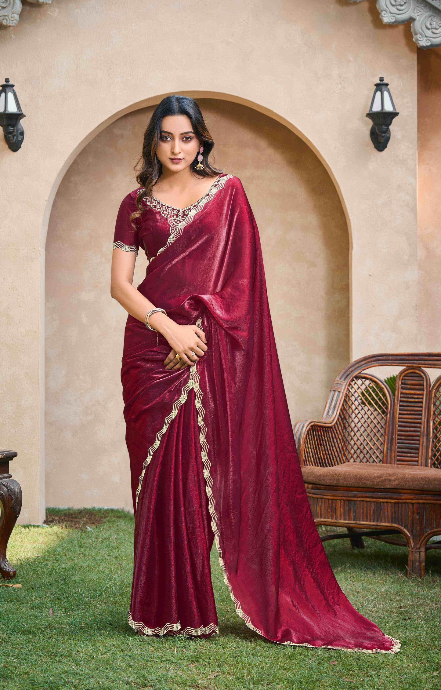 VIYONA FASHION Maroon Jarkan Work Saree with Embellished Border and Blouse - PL-VY-5
