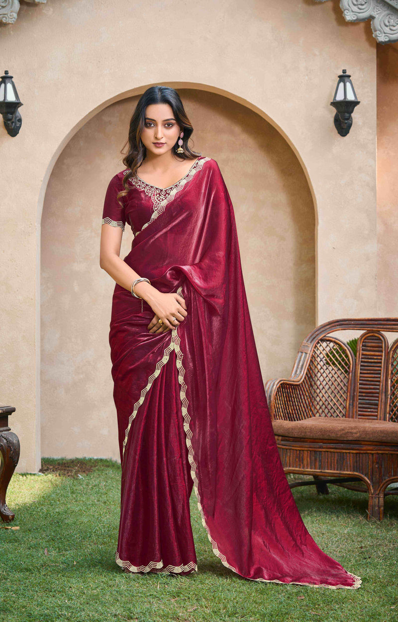 VIYONA FASHION Maroon Jarkan Work Saree with Embellished Border and Blouse - PL-VY-5