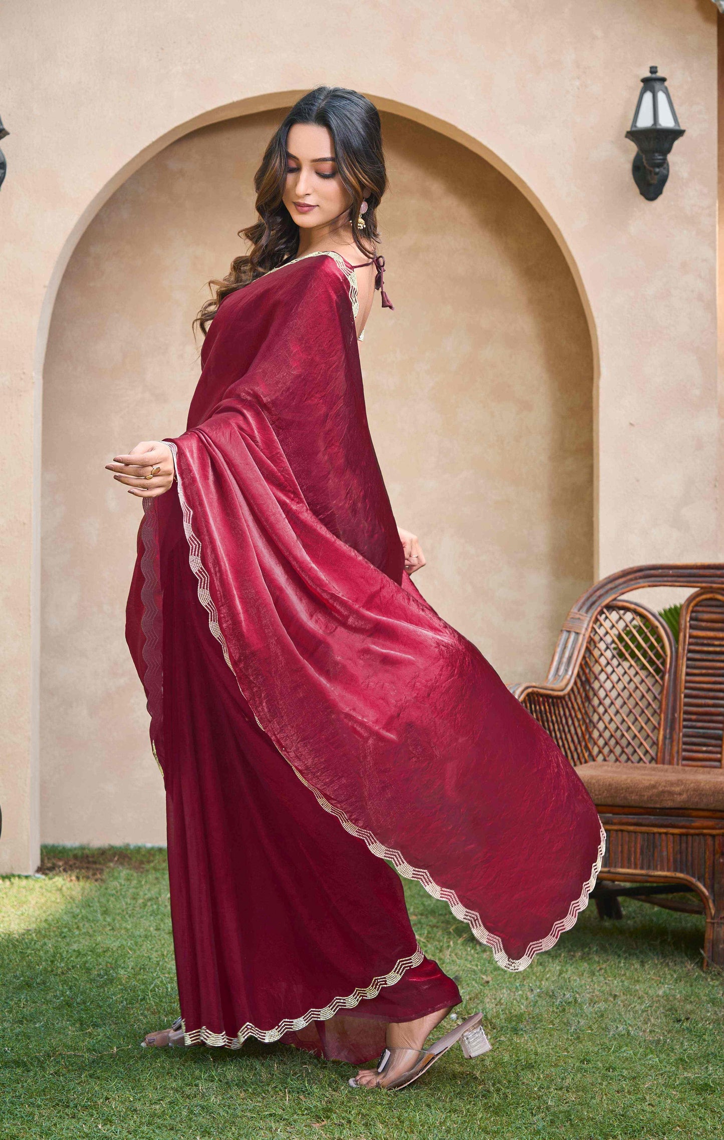 VIYONA FASHION Maroon Jarkan Work Saree with Embellished Border and Blouse - PL-VY-5