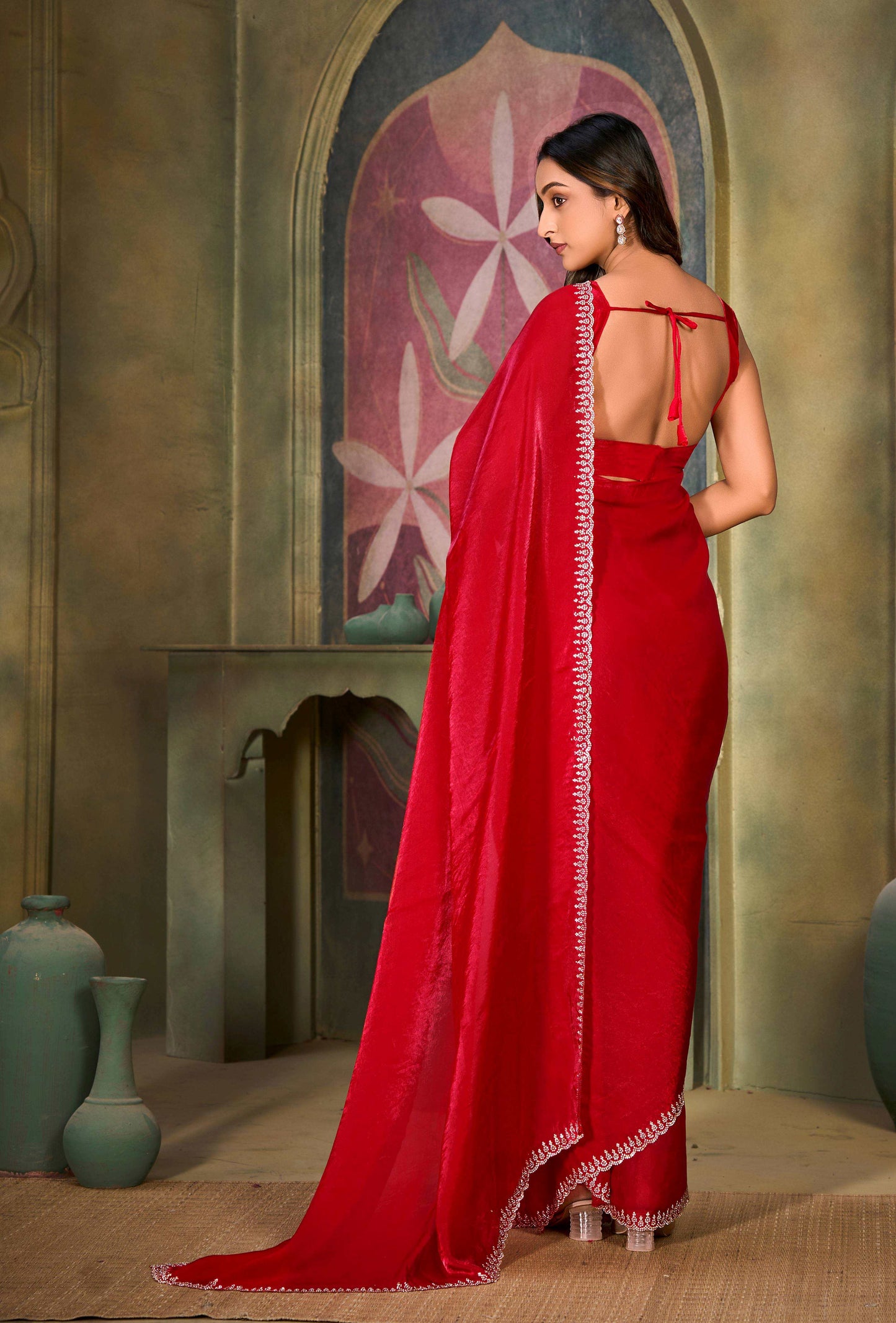 Red Satin Saree with Jarkan Work, Traditional Indian - PL-VY-6