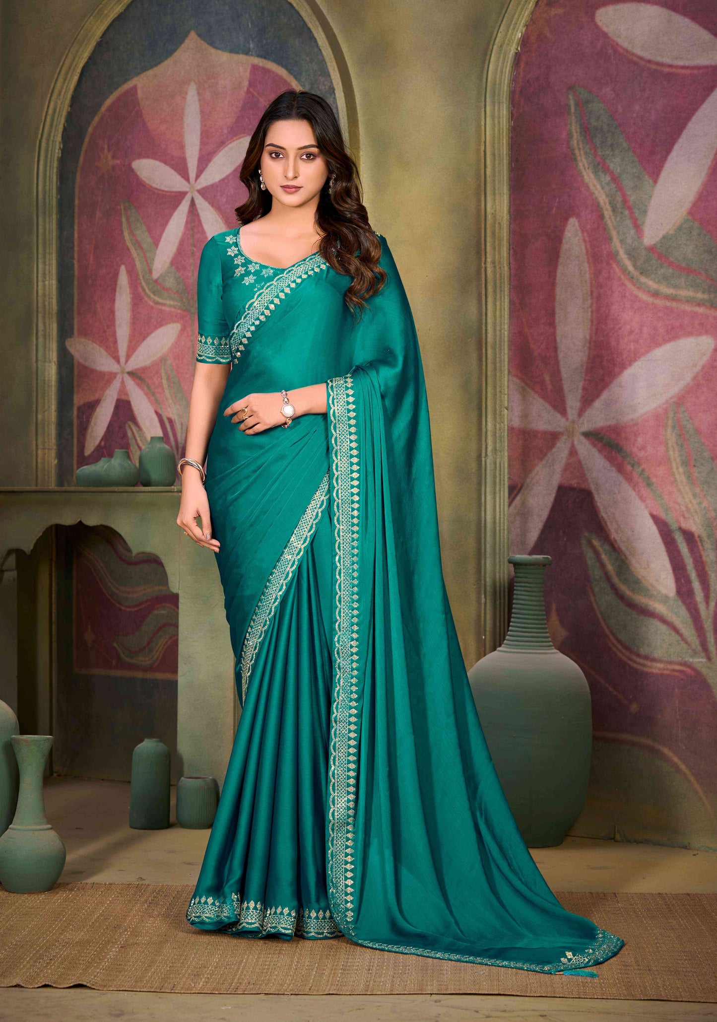 VIYONA FASHION Teal Satin Chiffon Saree with Jarkan Work, Elegant Border Design, Traditional Indian Ethnic Wear - PL-VY-7