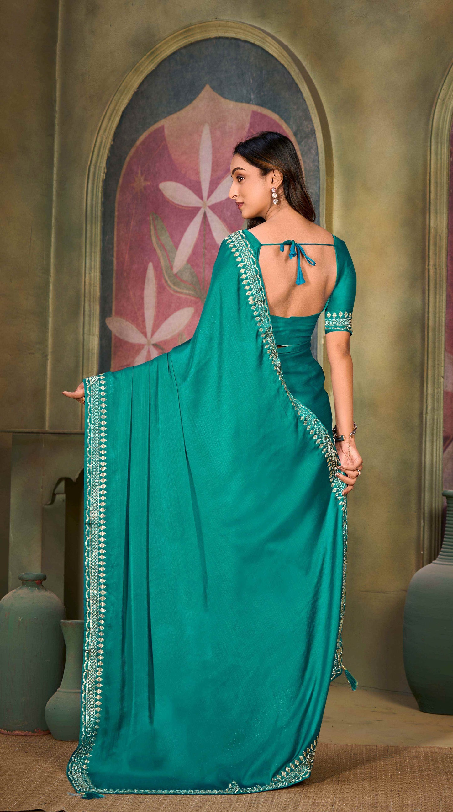 VIYONA FASHION Teal Satin Chiffon Saree with Jarkan Work, Elegant Border Design, Traditional Indian Ethnic Wear - PL-VY-7