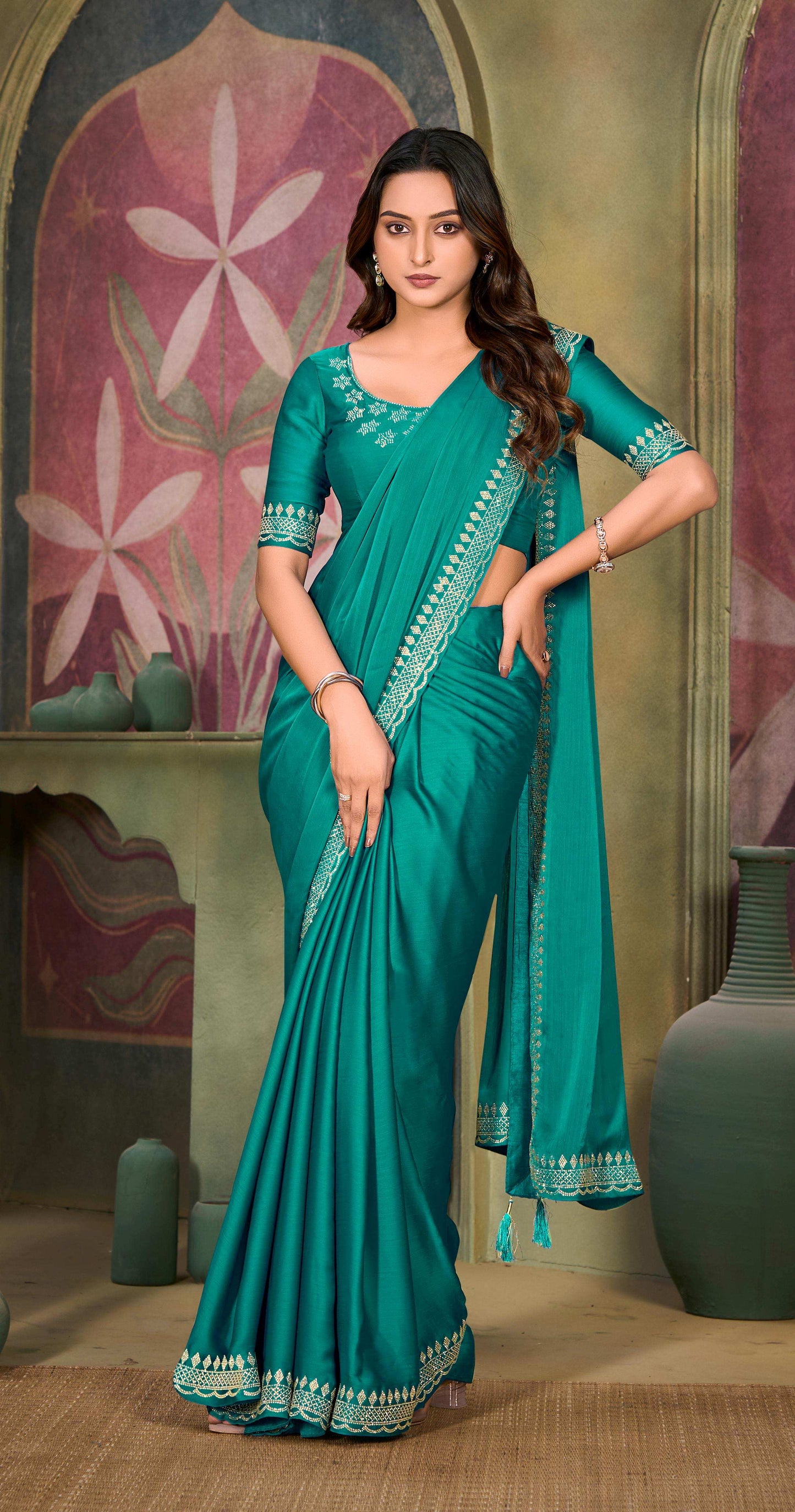 VIYONA FASHION Teal Satin Chiffon Saree with Jarkan Work, Elegant Border Design, Traditional Indian Ethnic Wear - PL-VY-7